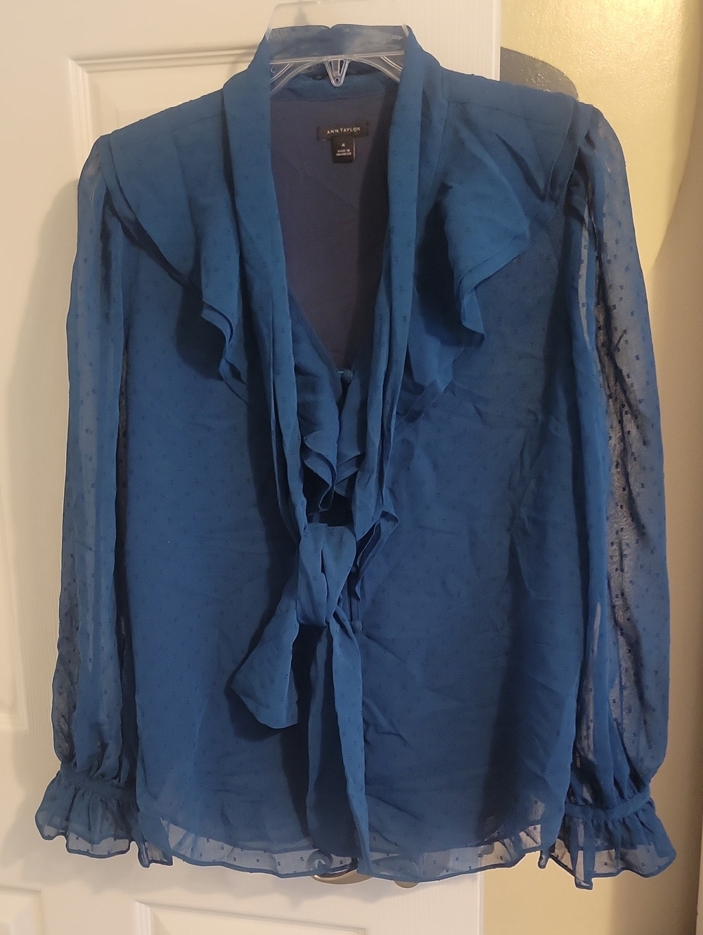 Ann Taylor SzM Forest Grn Lined Ruffled Tie-Neck Sheer sleeve Blouse. New
